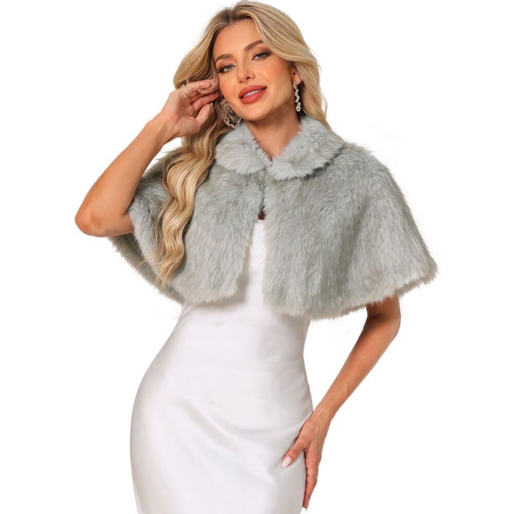 Women's Fur Shawl Wedding Faux Fur Wraps Collared Cape Coat White Grey